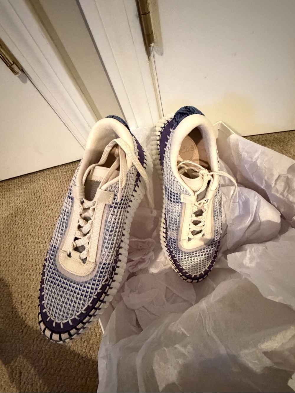 Chloé Cream and Navy Woven Lace-Up Sneakers